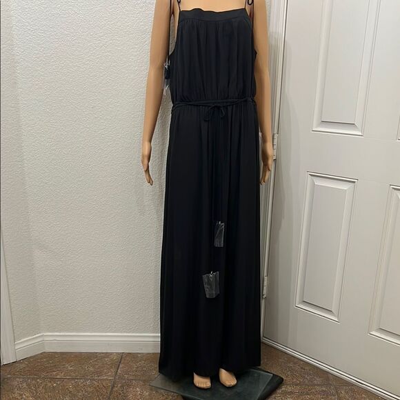 LOFT Black Maxi Dress Sz Large Adjustable Tie Strap Elastic Waist Tassel Straps - Picture 1 of 15